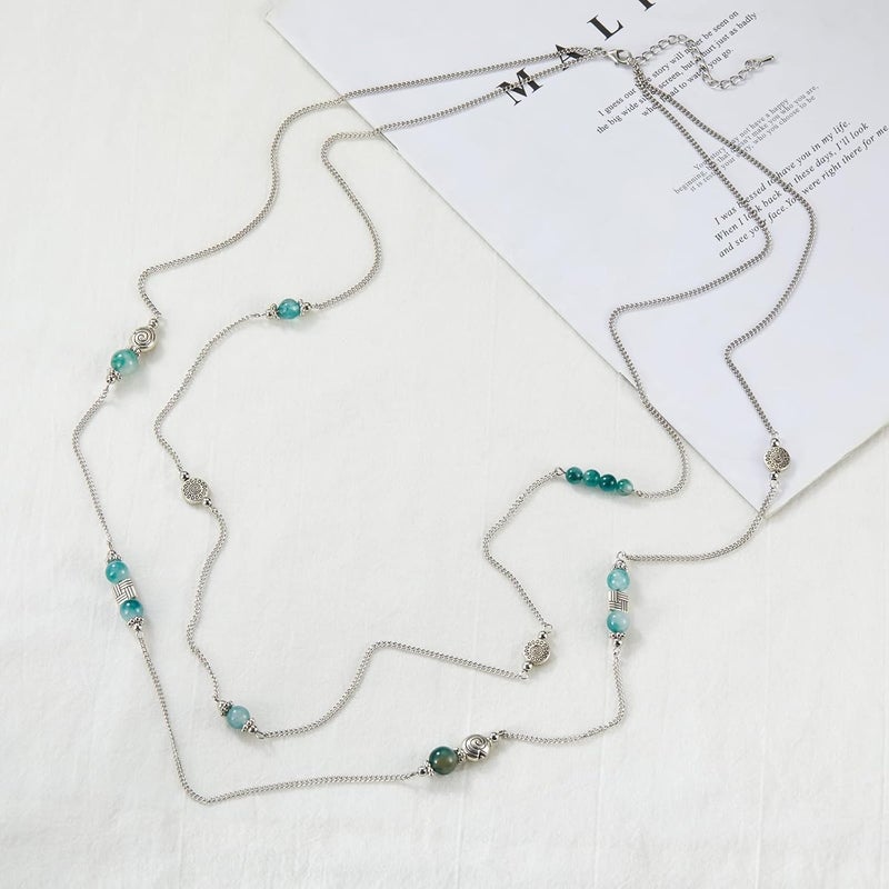 BULINLIN Layered Silver Long Necklace for Women Turquoise Stone Beaded Strand Sweater Chain Necklaces Fashion Costume Jewelry Gifts for Mom - Image 3